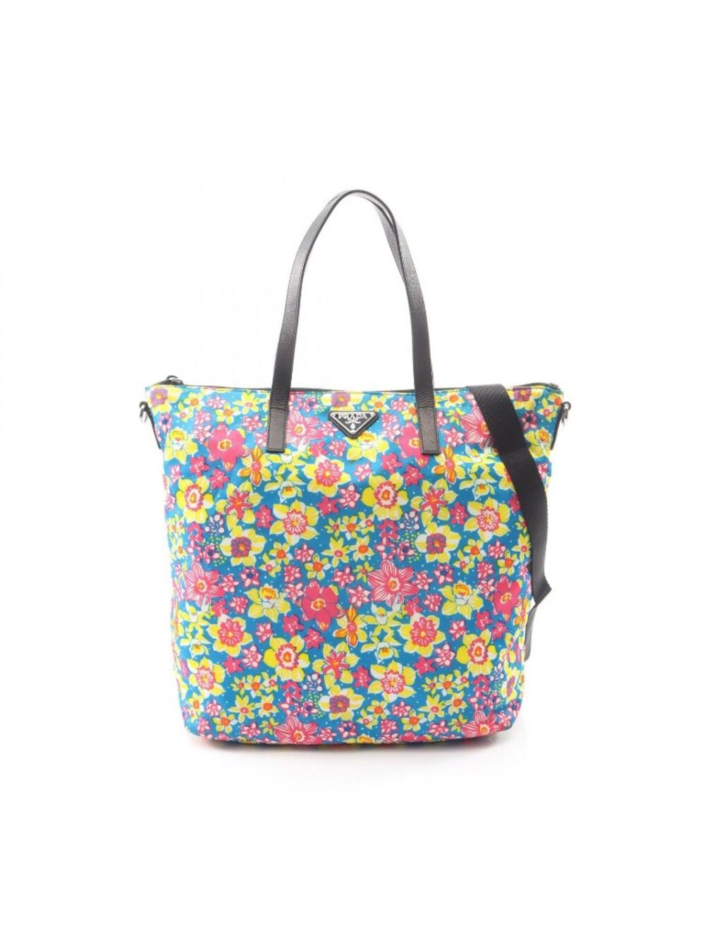 Prada Tote Tessutat Floral 2-Way Multi Nylon Saffiano Leather Triangle Logo - Picture 1 of 10